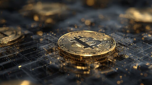 Gold Bitcoin coin illuminated on a dark glowing digital circuit board with bokeh