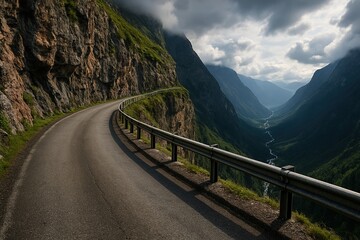 a curving road in high mountains in extreme dark cloudy weather