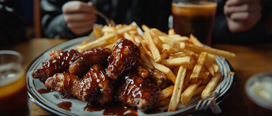 Savoring BBQ Chicken Wings with French Fries