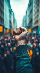 Protester raising a fist above a crowd, symbolizing the power of activism and the fight for human rights. The image embodies unity, resistance, and the quest for justice in a protest, Generative AI