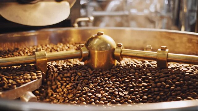 Close-up of coffee beans being roasted in an industrial machine. Golden metal and brown beans