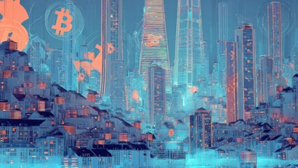 Futuristic cityscape with illuminated skyscrapers and Bitcoin symbols at night