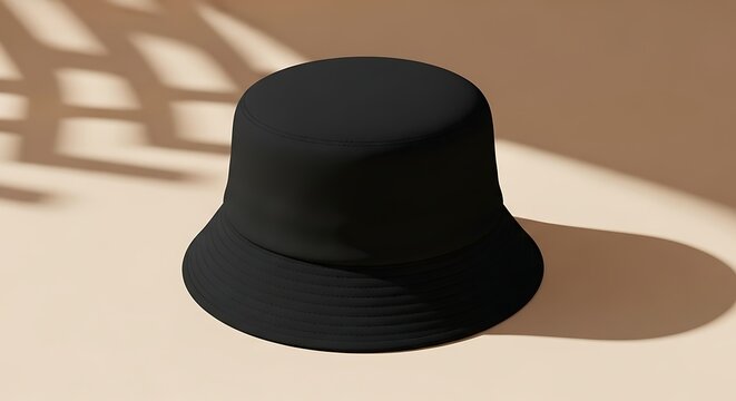 Stylish Black Bucket Hat on Beige Background with Shadow.