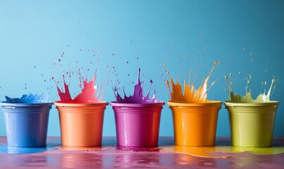 Open paint buckets with paint splashed against a wall, emphasizing DIY construction concepts. The scene offers a creative, hands-on atmosphere for home improvement, artistic, Generative AI
