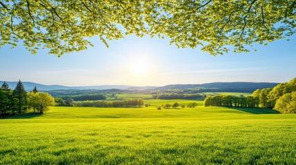 Vibrant Springtime Landscape Featuring a Lush Green Field, Blue Sky, and Swaying Trees in Nature