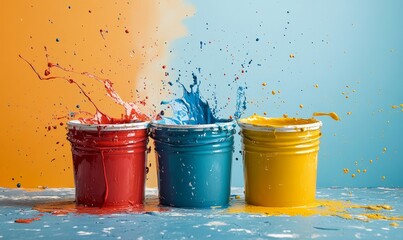 Open paint buckets with paint splashed against a wall, emphasizing DIY construction concepts. The scene offers a creative, hands-on atmosphere for home improvement, artistic, Generative AI