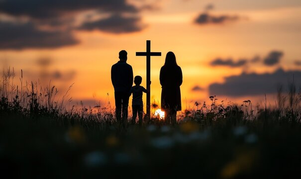 Silhouette of a family with a Christian cross, symbolizing prayer, religion, and community gatherings during a funeral or spiritual event. This respectful image conveys faith, unity, Generative AI - Powered by Adobe