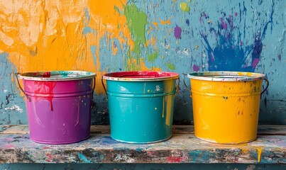 Open paint buckets with paint splashed against a wall, emphasizing DIY construction concepts. The scene offers a creative, hands-on atmosphere for home improvement, artistic, Generative AI