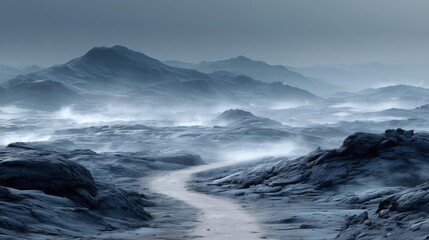 Obraz premium A Deserted Road in a Volcanic Landscape Journey Through a Misty Mountain Range Explore a Serene, Bleak Scene with a Winding Path