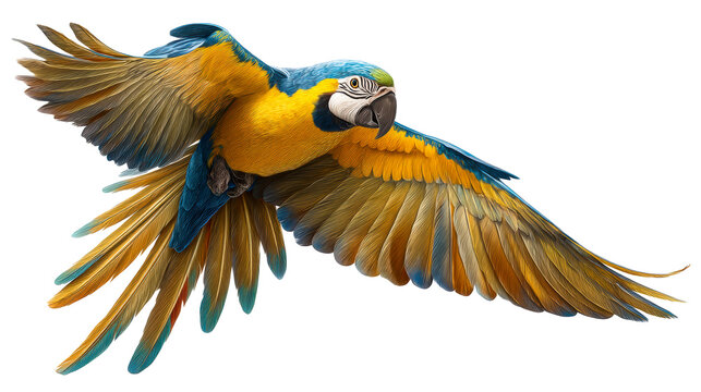 Blue and yellow macaw bird in flight against white background