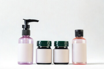 Assortment of cosmetic and skincare bottles on a white background