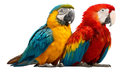 Naklejka premium Two vibrant macaws with colorful plumage side by side