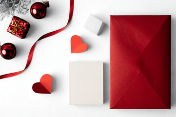 Festive red gift wrapping supplies and decorations for the holidays