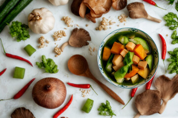 Fresh ingredients and savory stew ready for cooking