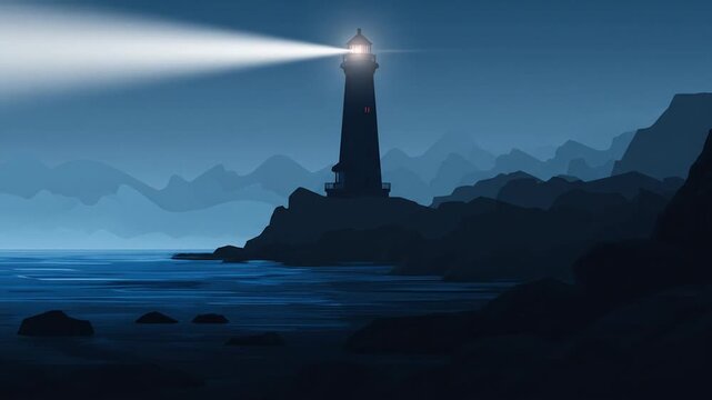 A tall, dark lighthouse shines its beam across ocean waters in a moody, minimalistic landscape