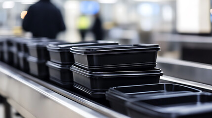 Production line with black plastic containers. Streamlined process for efficient food packaging and distribution.  Manufacturing process and the movement of these containers.