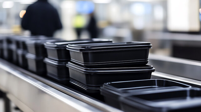 Production line with black plastic containers. Streamlined process for efficient food packaging and distribution.  Manufacturing process and the movement of these containers.