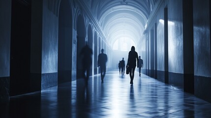 Elegant People Walking in Detailed Hallway