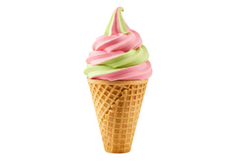 Isolated ice cream cone with swirls of pink and green soft serve in the studio on neutral