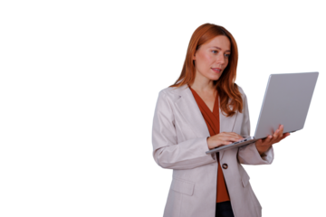 Businesswoman standing, typing on laptop, red hair professional working with technology, transparent background