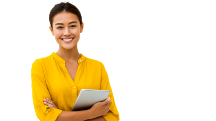 Asian Woman Smiling Holding Tablet With Arms Crossed
