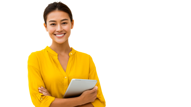 Asian Woman Smiling Holding Tablet With Arms Crossed