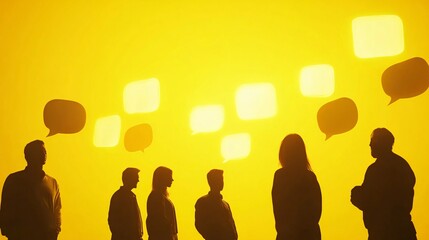 Diverse individuals with empty speech bubbles on golden backdrop