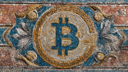 Ancient mosaic artwork displays the Bitcoin symbol surrounded by decorative golden and blue patterns