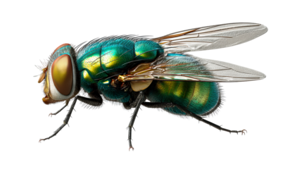Metallic green fly with large compound eyes and transparent wings