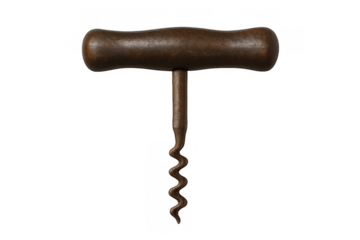 Rustic t-handle corkscrew, a vintage metal wine opener for bottles and beverages, isolated on a transparent background