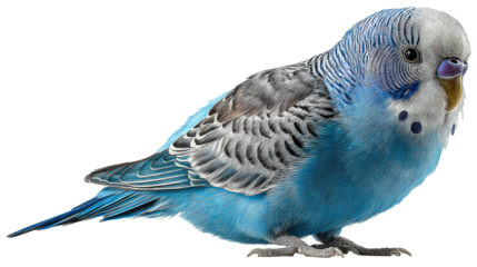 Small blue budgerigar perched on white background