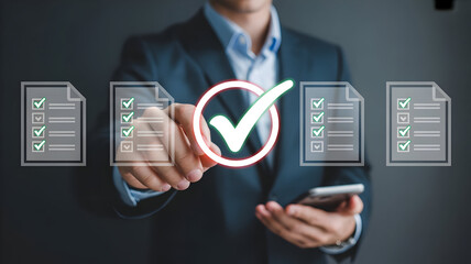 Businessman interacting with a virtual screen displaying a prominent green checkmark and document checklists