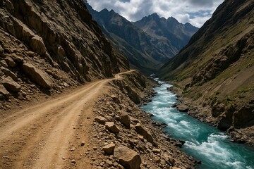 a single dirt road in mountains beside a narrow and deep flowing calmly, the sky in full of clouds, and majastic mountains give wounderful scene