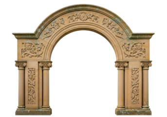 Isolated sandstone archway with columns, ornate carving, design element on architecture