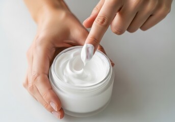 Hands scooping white cream from a jar isolated on white background