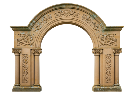 Isolated sandstone archway with columns, ornate carving, design element on architecture