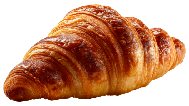 Golden baked croissant with flaky layers on white