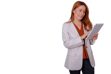 Confident businesswoman with red hair using digital tablet for modern business communication on transparent background