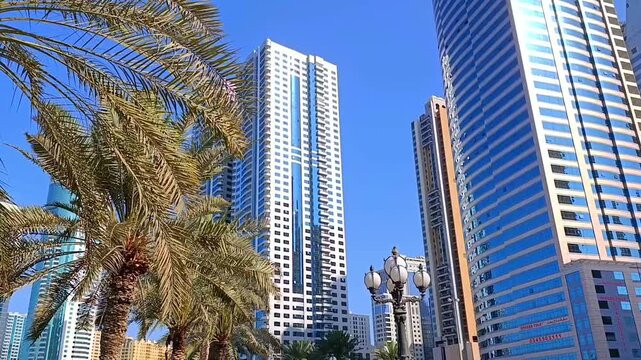 Skyscrapers and palm trees seen from Sharjah Corniche waterfront, UAE