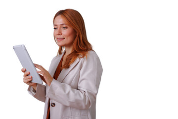 Smiling businesswoman with red hair interacting with a tablet, working remotely on transparent background