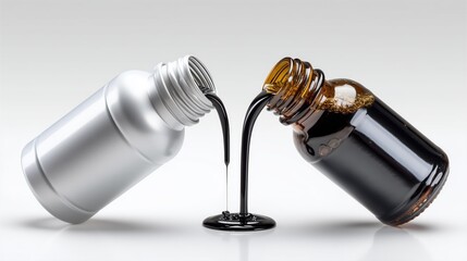 High-contrast liquid pouring from metallic and amber bottles against white background, showcasing substance flow, industrial, contrast