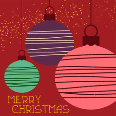 Merry Christmas Text auf rotem Hintergrund mit bunten Weihnachtskugeln und golden Glitter. Mid Century Modern Style.