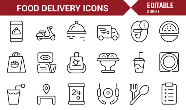 Modern line icons representing digital food delivery and contactless meal ordering