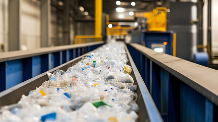 Conveyor belt carrying assorted plastic trash inside a recycling facility. Reducing landfill waste and promoting a more eco-friendly and sustainable approach.