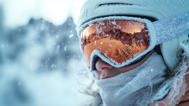 Close-Up Ski Goggles Reflecting Snowy Mountain Peaks at Sunrise