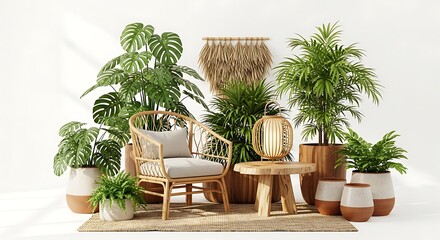 Fototapeta premium Indoor scene with plants chair and table on a white background