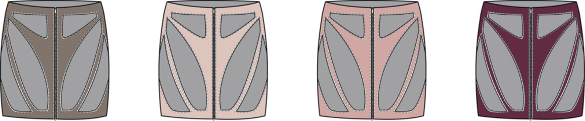 Collection of women's fashion skirt technical flat sketches showing a modern paneled design concept in multiple colorways