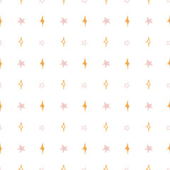 Cute baby seamless pattern with pink and yellow stars on white background. Continuous background with stars of pastel shades. Starry sky. Simple pattern. Vector illustration.