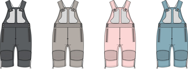 Technical fashion flats of children's adjustable bib pants, ski dungarees, or snow overalls in vector format, showcasing design details for active wear and winter play apparel