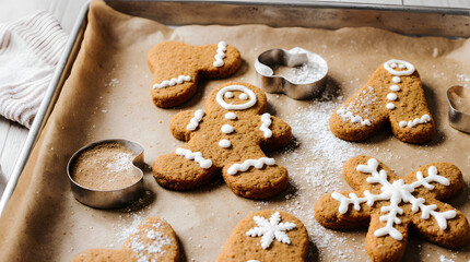 Fototapeta premium Gingerbread Cookies on Baking Tray with Flour Dust